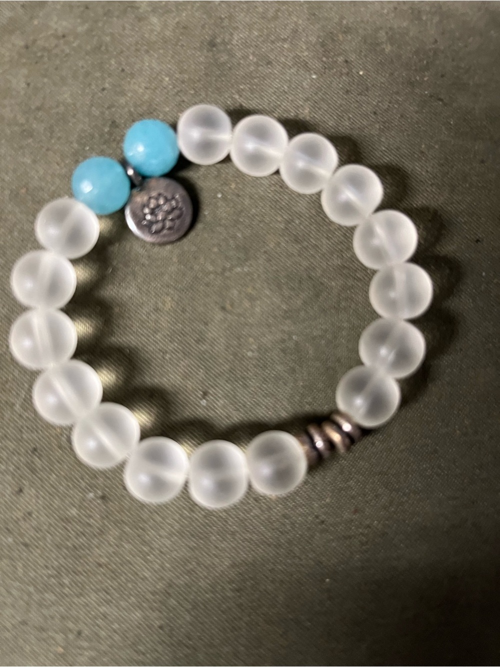 Clear Frosted Bead Bracelet with Turquoise Accent -magnolia flower charm